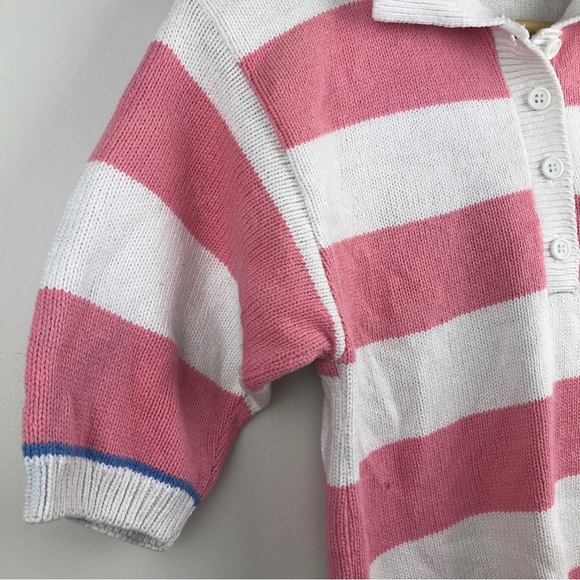 VTG Eddie Bauer Short Sleeve Sweater Made in USA Pink Stripe Half Button - Picture 6 of 14